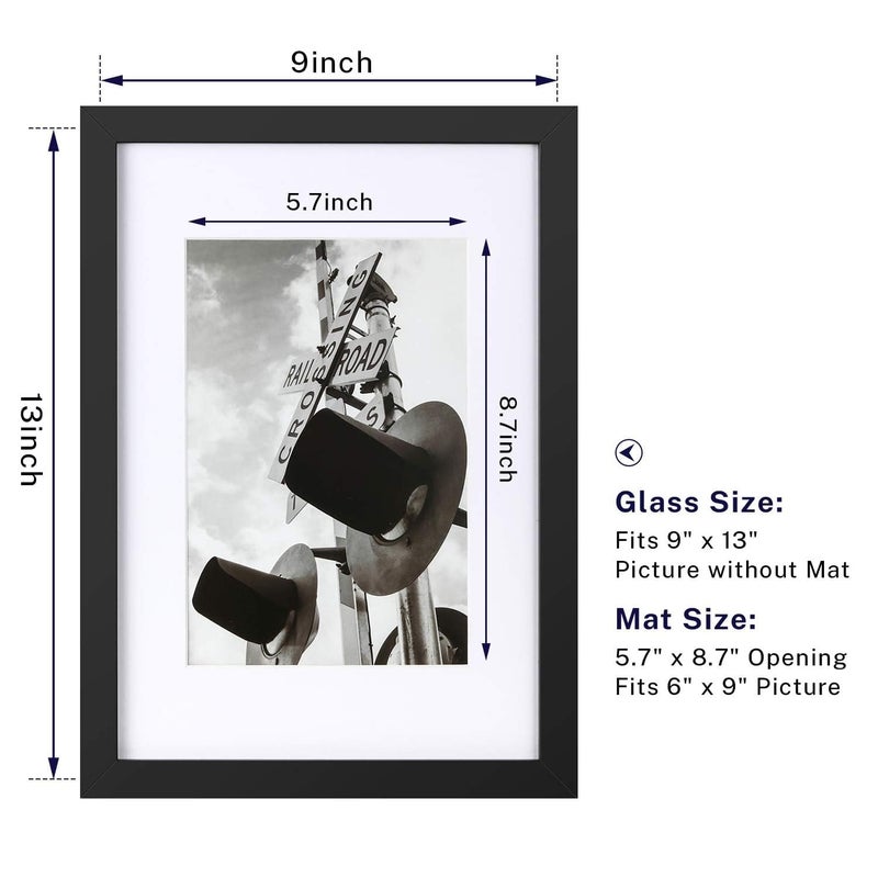 ONE WALL Tempered Glass 9x13 Picture Frame with Mats for 6x9 Photo, Black Wood Frame for Wall and Tabletop - Mounting Hardware Included - Image 2